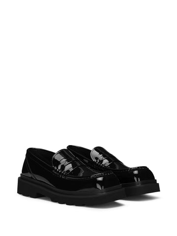 square-toe patent-leather loafers