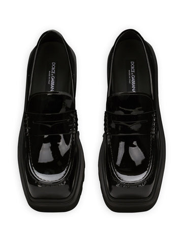 square-toe patent-leather loafers