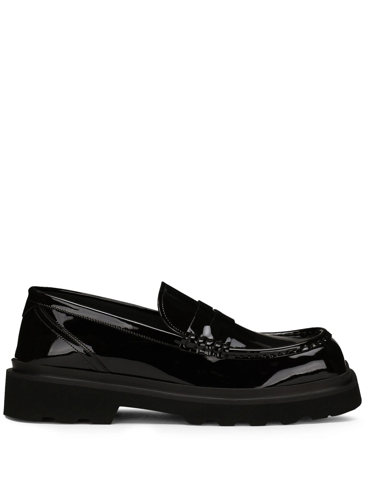 square-toe patent-leather loafers