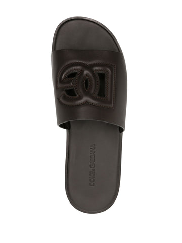 embossed logo leather slides